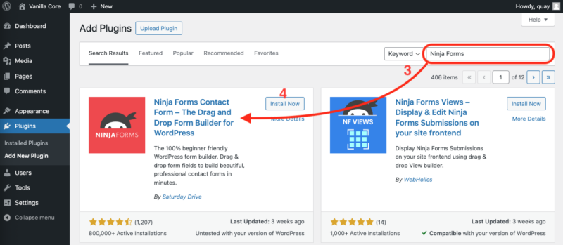 image of the Add New Plugins screen with Ninja Forms entered into the search bar and the Ninja Forms plugin being returned at the top of the search results. The Install Now button is highlighted.